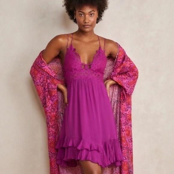 Free People Dresses & Skirts - Free People Adella Tiered Slip Boho Dress Purple Crochet Lace Ruffle Mini Medium
